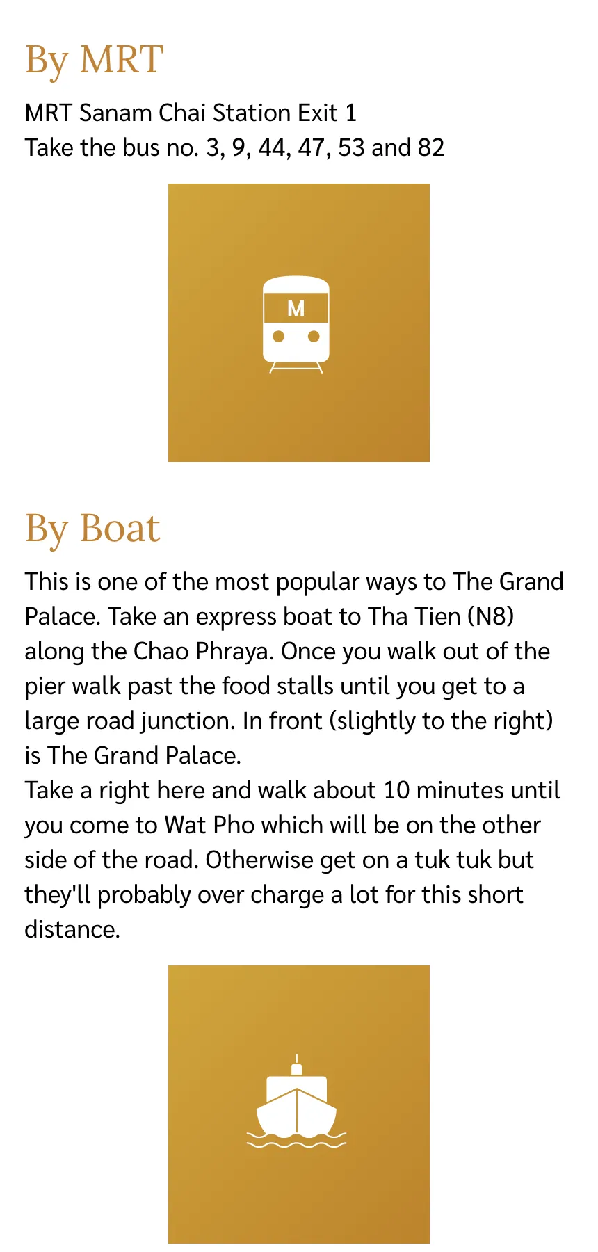 Grand Palace page text for arrival by MRT Sanam Chai exit 1 and by boat to Tha Tien pier.