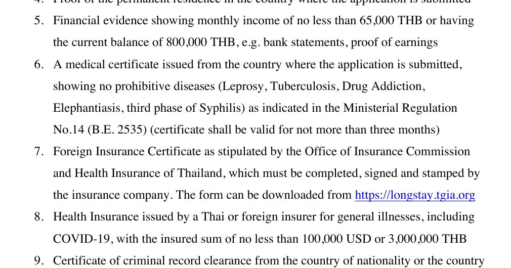 Royal Thai Embassy document list for the O-A long-stay visa, items 5 to 8, covering financial evidence, medical certificate, insurance certificate and health insurance.