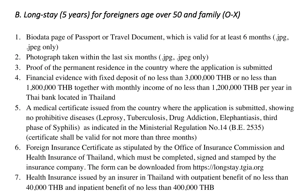Royal Thai Embassy document list for the O-X long-stay visa, with the insurance certificate and the outpatient and inpatient insurance sums.