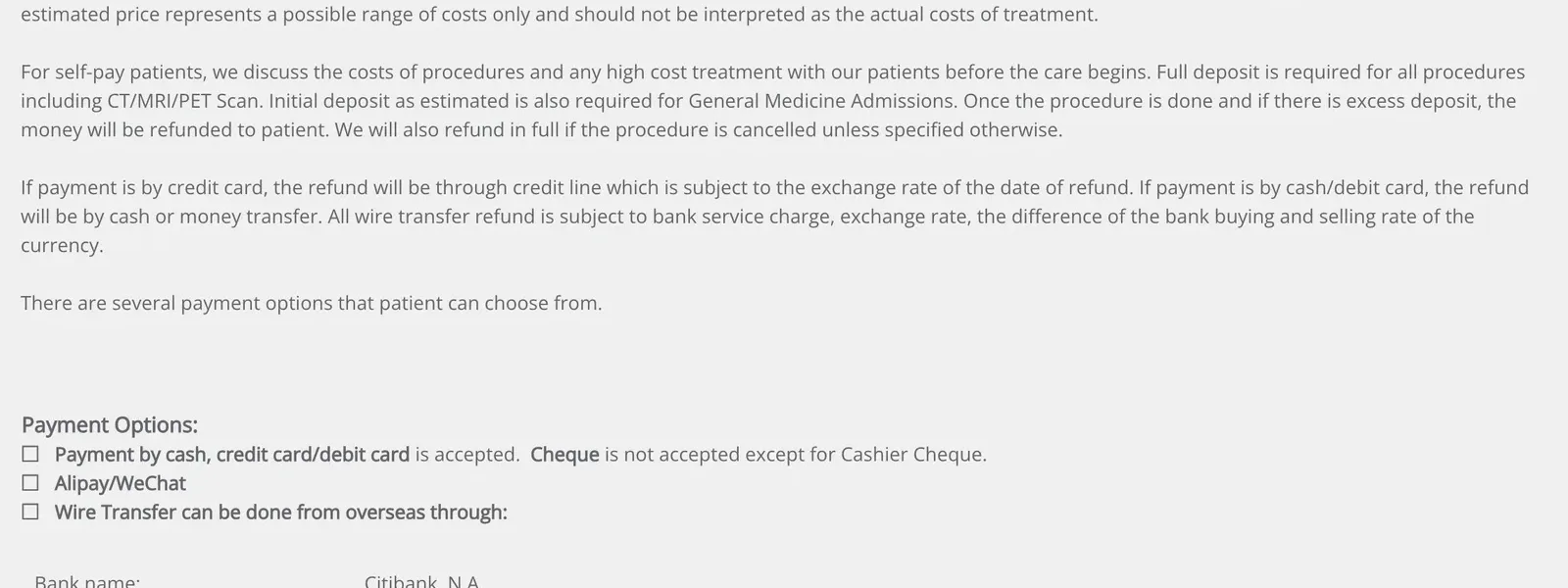 Bumrungrad Hospital page text on pricing policy, self-pay patients, deposits and the payment options list.