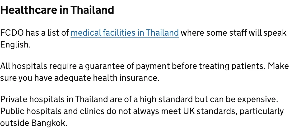 UK government travel advice page for Thailand, Healthcare in Thailand section, with lines on payment before treatment and on private and public hospitals.