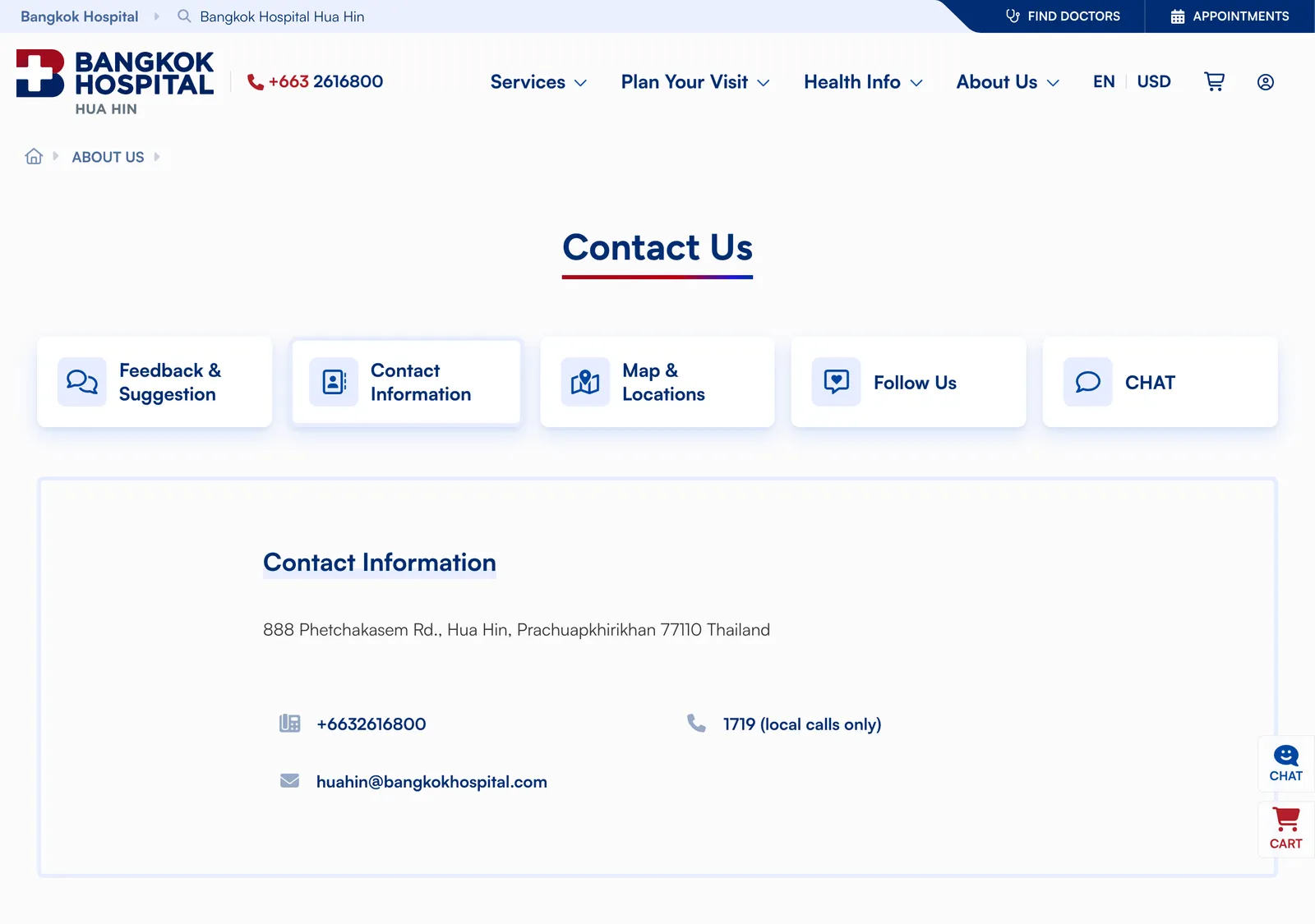 Hospital contact page with a contact information block showing an address, phone number and email.