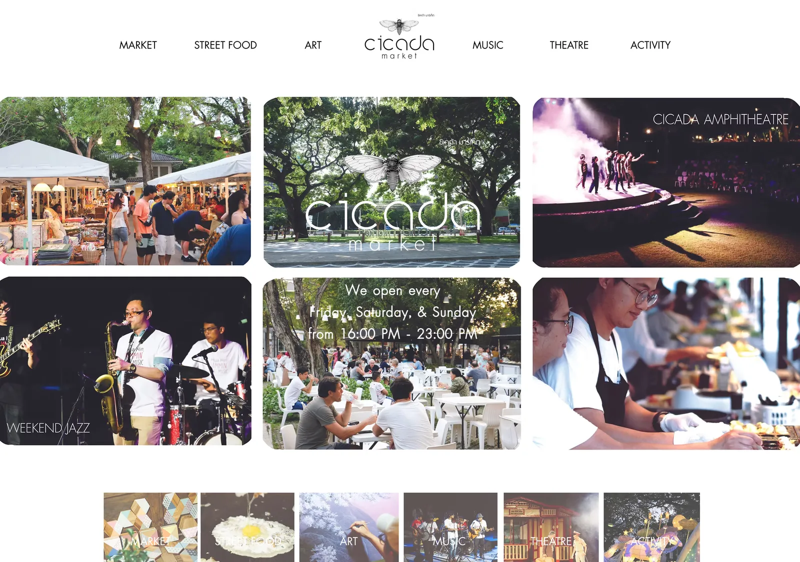 Cicada Market home page with a photo grid of market stalls, a weekend jazz band and a text overlay giving the opening days and hours.