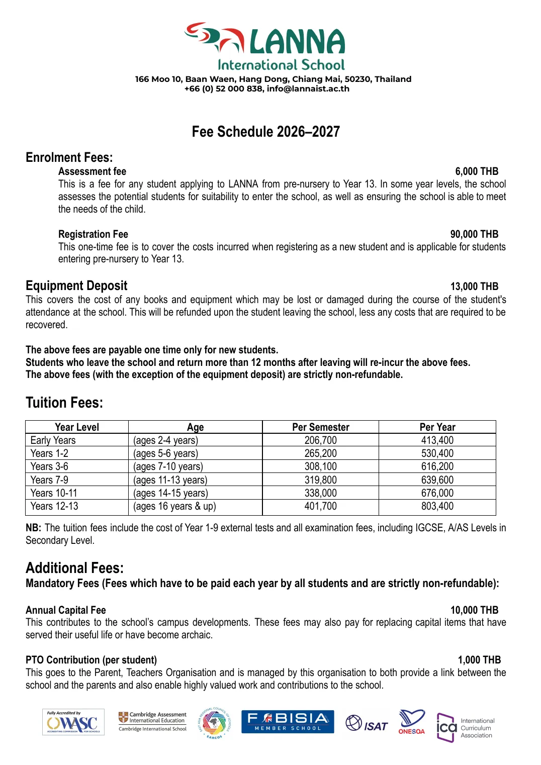 First page of the Lanna International School Fee Schedule for 2026-2027, listing enrolment fees, tuition per semester and per year, and yearly charges.