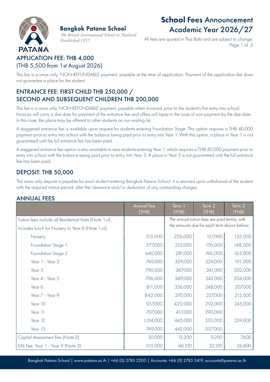 First page of the Bangkok Patana School Fees Announcement for 2026/27, listing the application, entrance and deposit fees and the annual fees table by year group.
