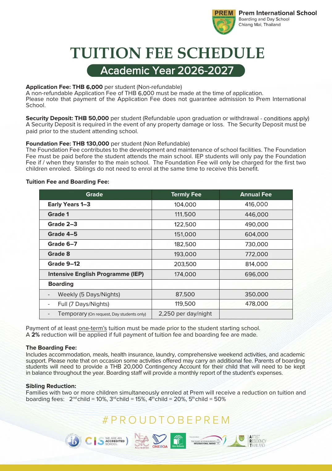 First page of the Prem International School Tuition Fee Schedule for 2026-2027, showing the application fee, security deposit, foundation fee and the termly and annual tuition by grade.