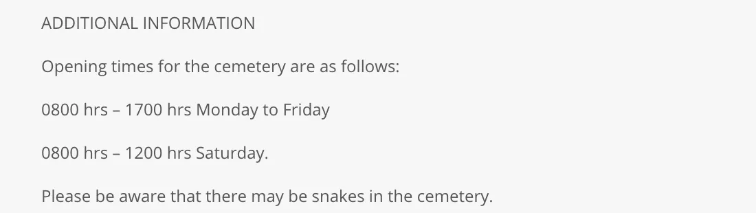 Commonwealth War Graves Commission page for Kanchanaburi War Cemetery giving opening times for Monday to Friday and Saturday and a note about snakes.