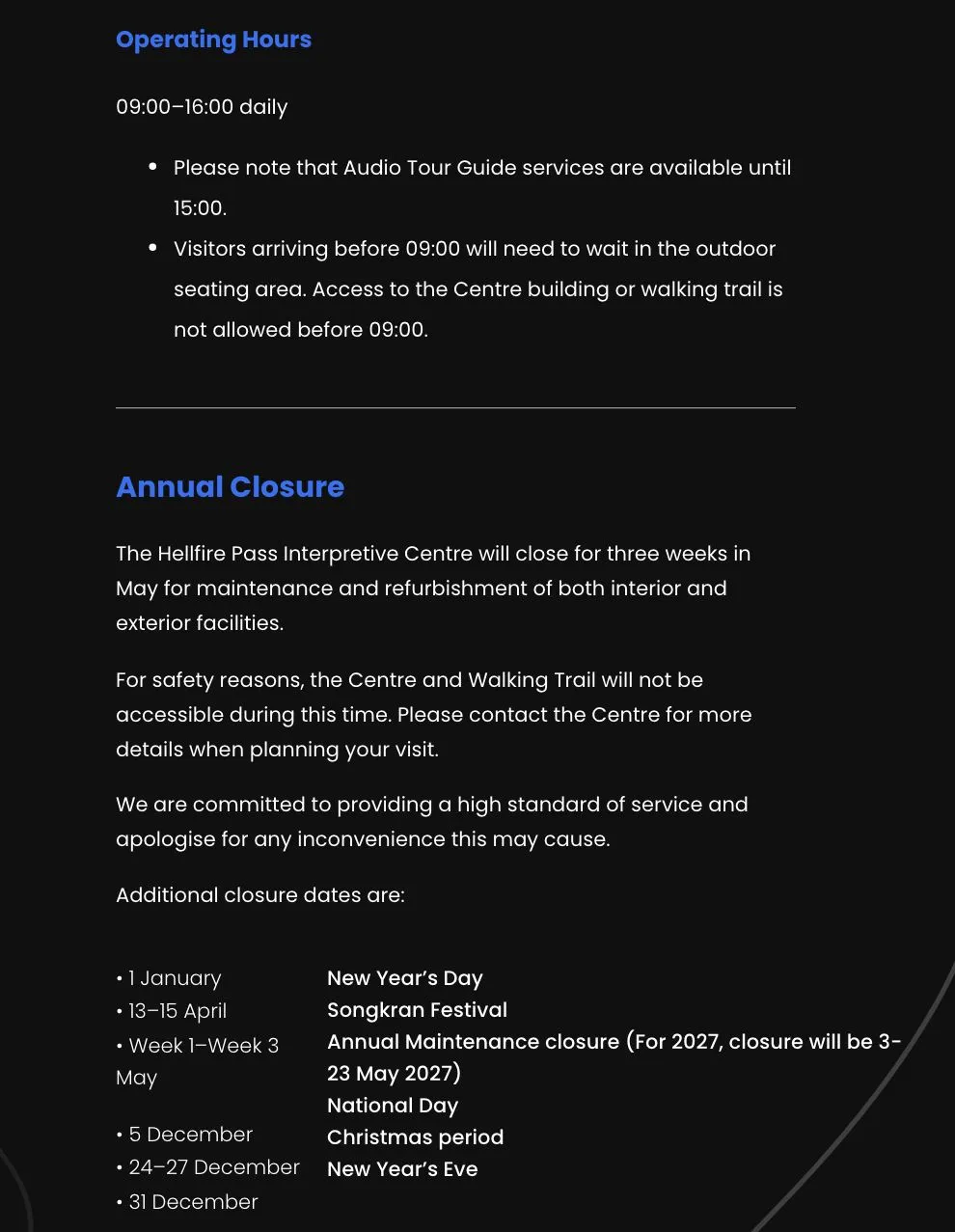 Hellfire Pass Interpretive Centre page with the operating hours, the audio tour cut-off time and the list of annual closure dates.
