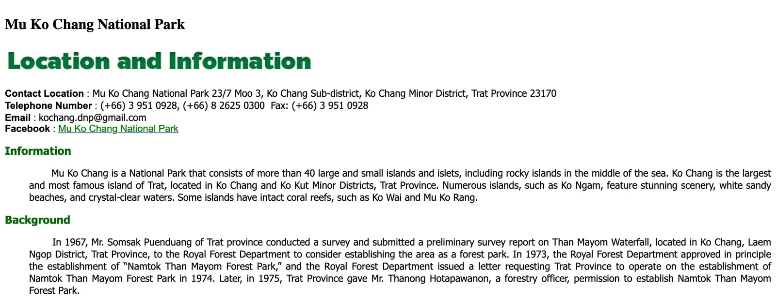 Department of National Parks page for Mu Ko Chang National Park with the park address, telephone numbers and the start of the information text.