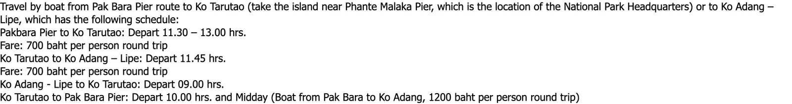Text block from the national park page listing boats from Pak Bara Pier to Ko Tarutao and Ko Adang-Lipe with departure times and round-trip fares.