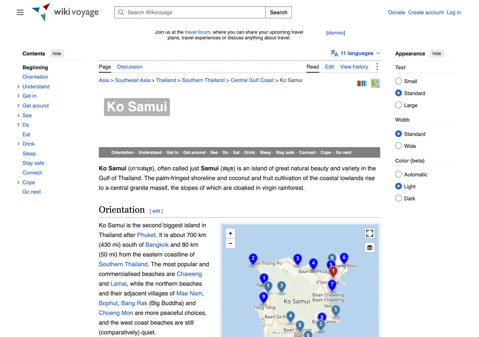 Travel wiki page for Ko Samui with a contents list, a short introduction and a map of the island with numbered pins.