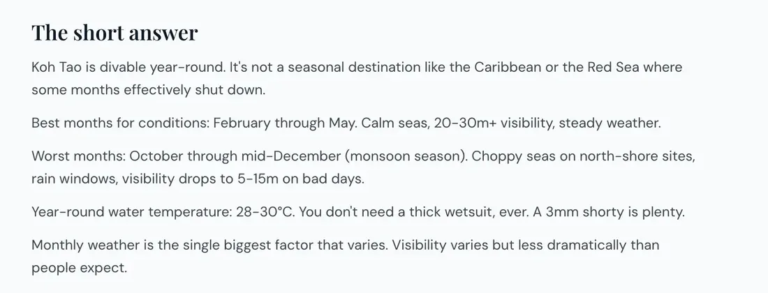 Siam Scuba article with a short answer on the best and worst months to dive Koh Tao, water temperature and visibility.