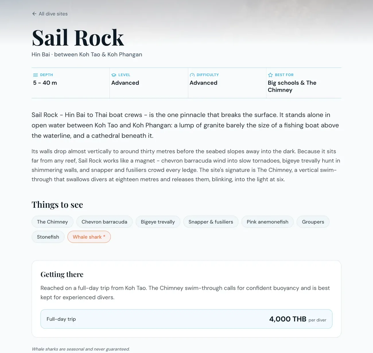 Siam Scuba page for Sail Rock with depth 5 to 40 m, level Advanced, the description of the Chimney swim-through and the full-day trip price.