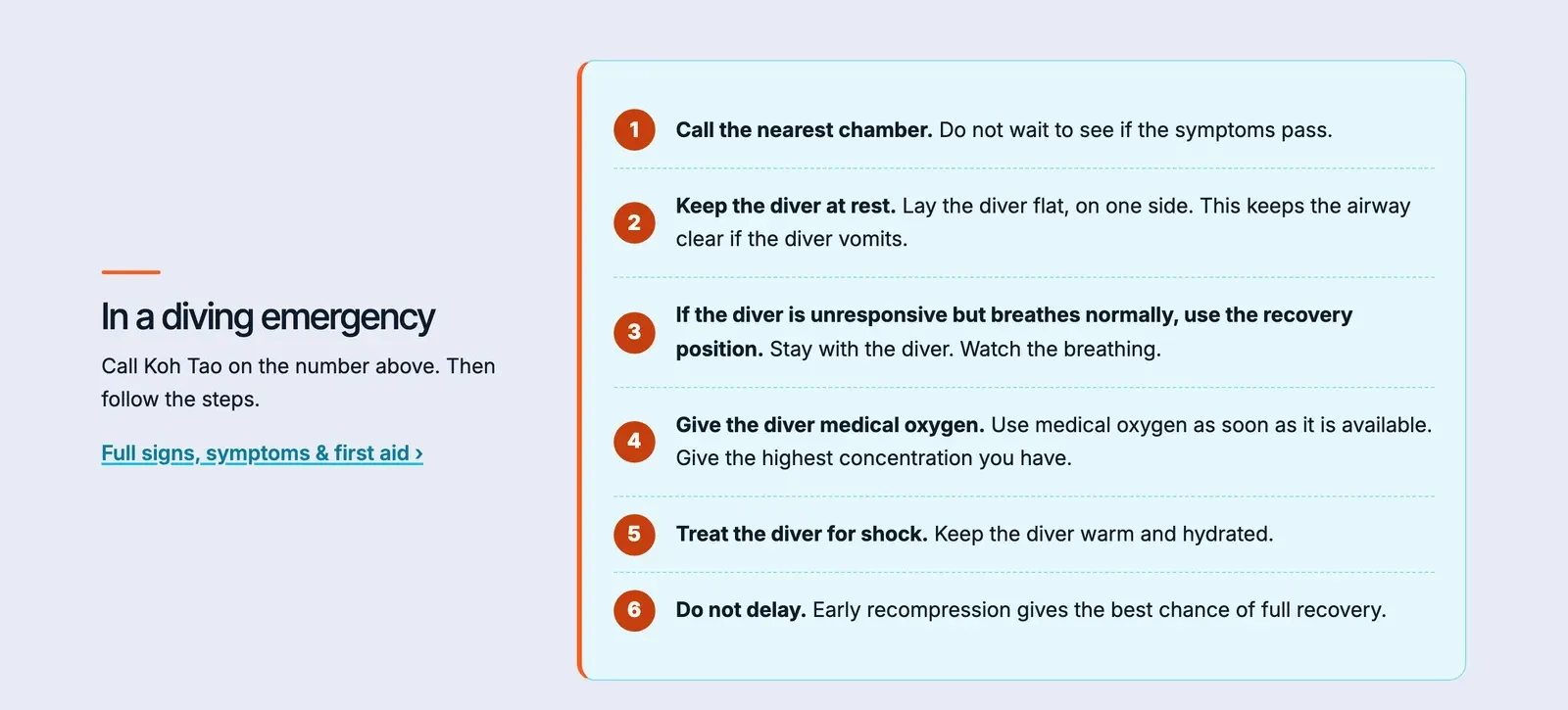 SSS Network page listing six numbered steps for a diving emergency, from calling the chamber to early recompression.