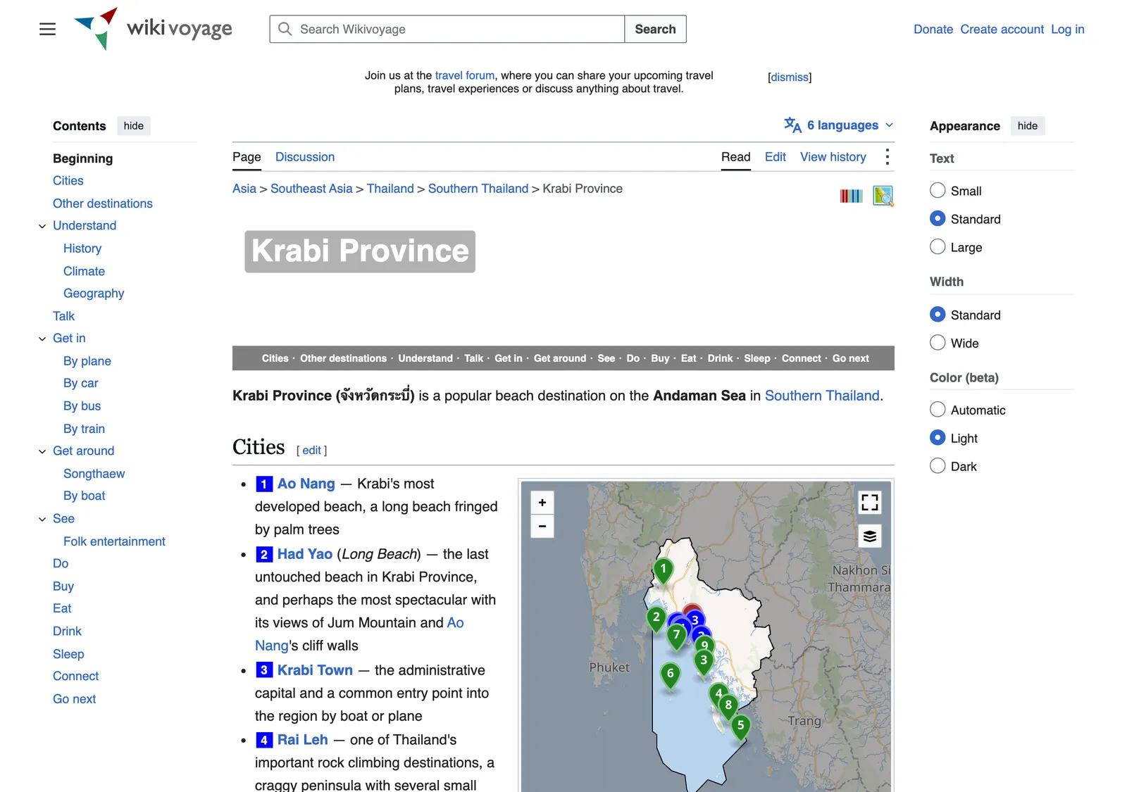 Travel wiki page for Krabi Province with a map of the province and a list of its main beach towns.