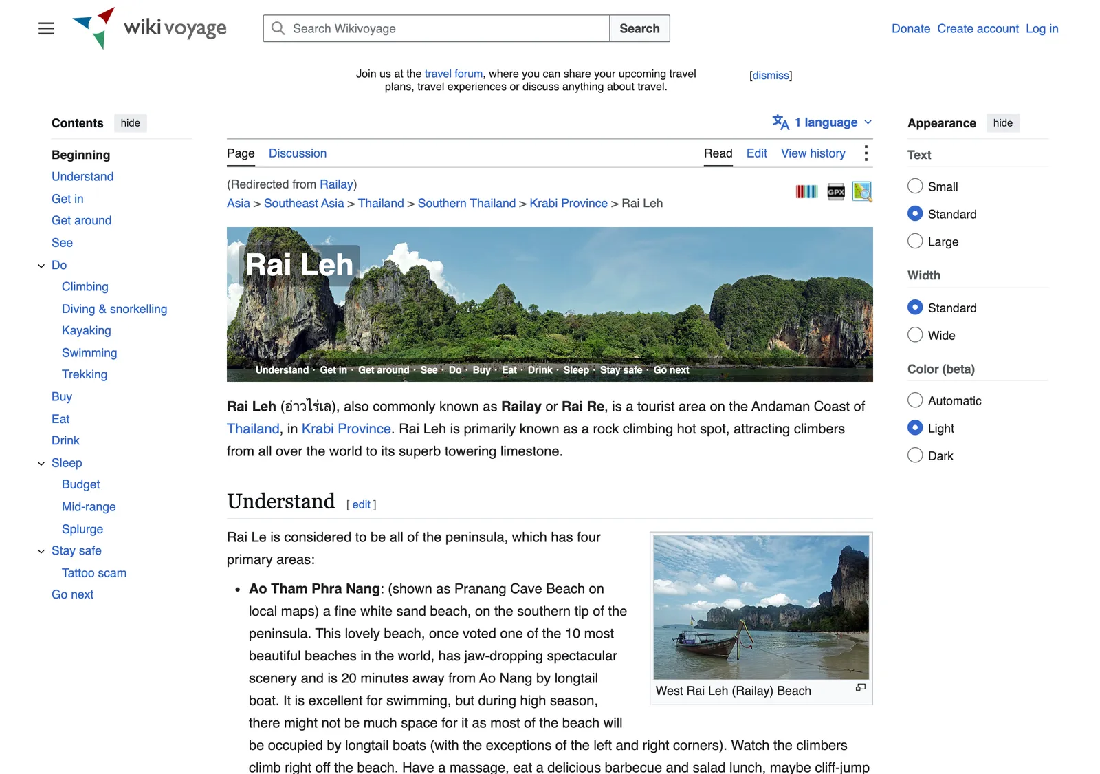 Travel wiki page for Rai Leh with a contents list and a photo of a beach framed by limestone cliffs.