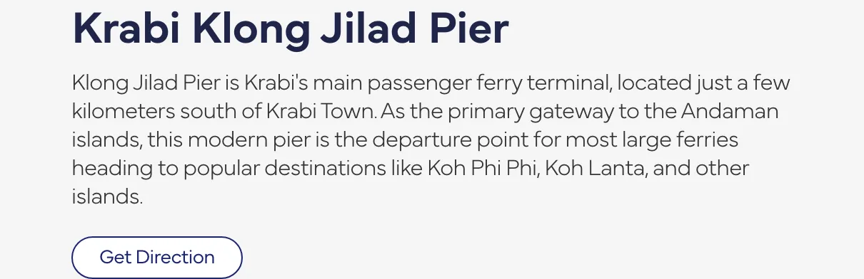 Ferry operator pier page with the heading Krabi Klong Jilad Pier and a short description of the terminal south of Krabi Town.