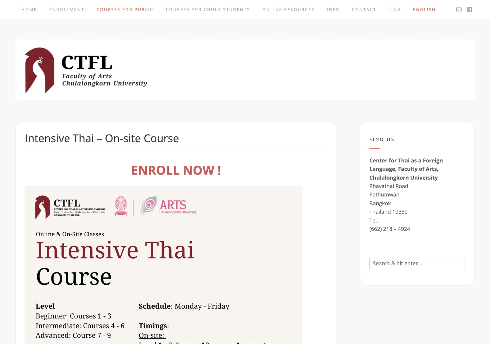Chulalongkorn University Center for Thai as a Foreign Language page for the Intensive Thai on-site course with the 2027 schedule, 100 hours and the THB 29,500 price.