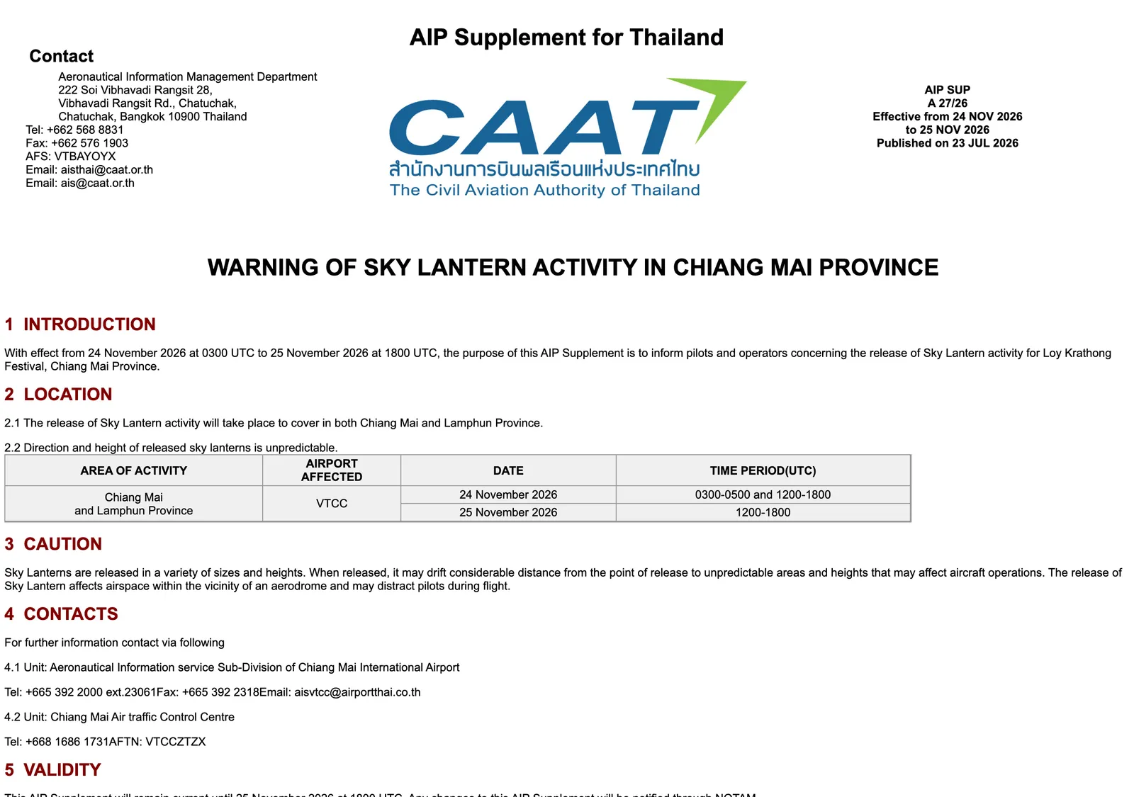 Civil Aviation Authority of Thailand notice for the Loy Krathong sky lanterns in Chiang Mai and Lamphun, with the dates and UTC time periods.