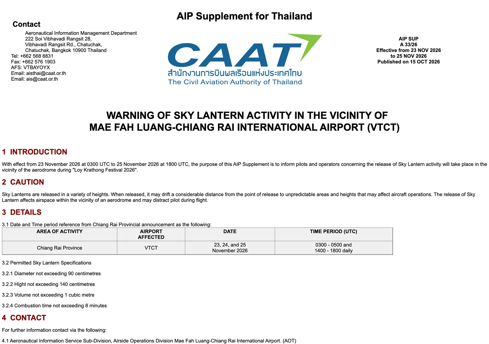 Civil Aviation Authority of Thailand notice for the Chiang Rai sky lanterns with the dates, time periods and permitted lantern sizes.
