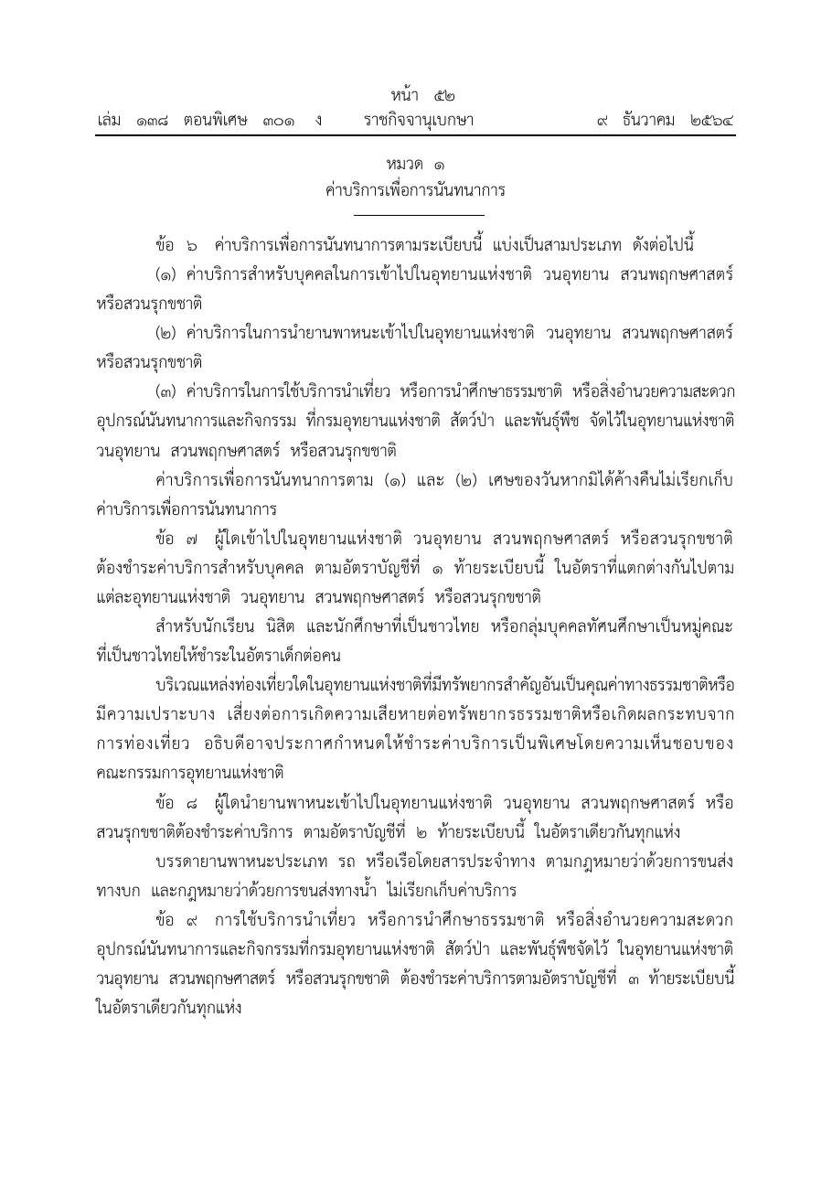 Page of the Thai regulation text with numbered clauses on charges for entering a national park and for taking a vehicle in.