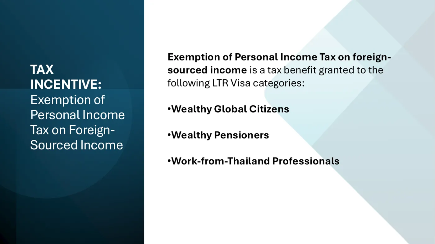Revenue Department slide listing the three long-term resident categories granted exemption on foreign-sourced income.