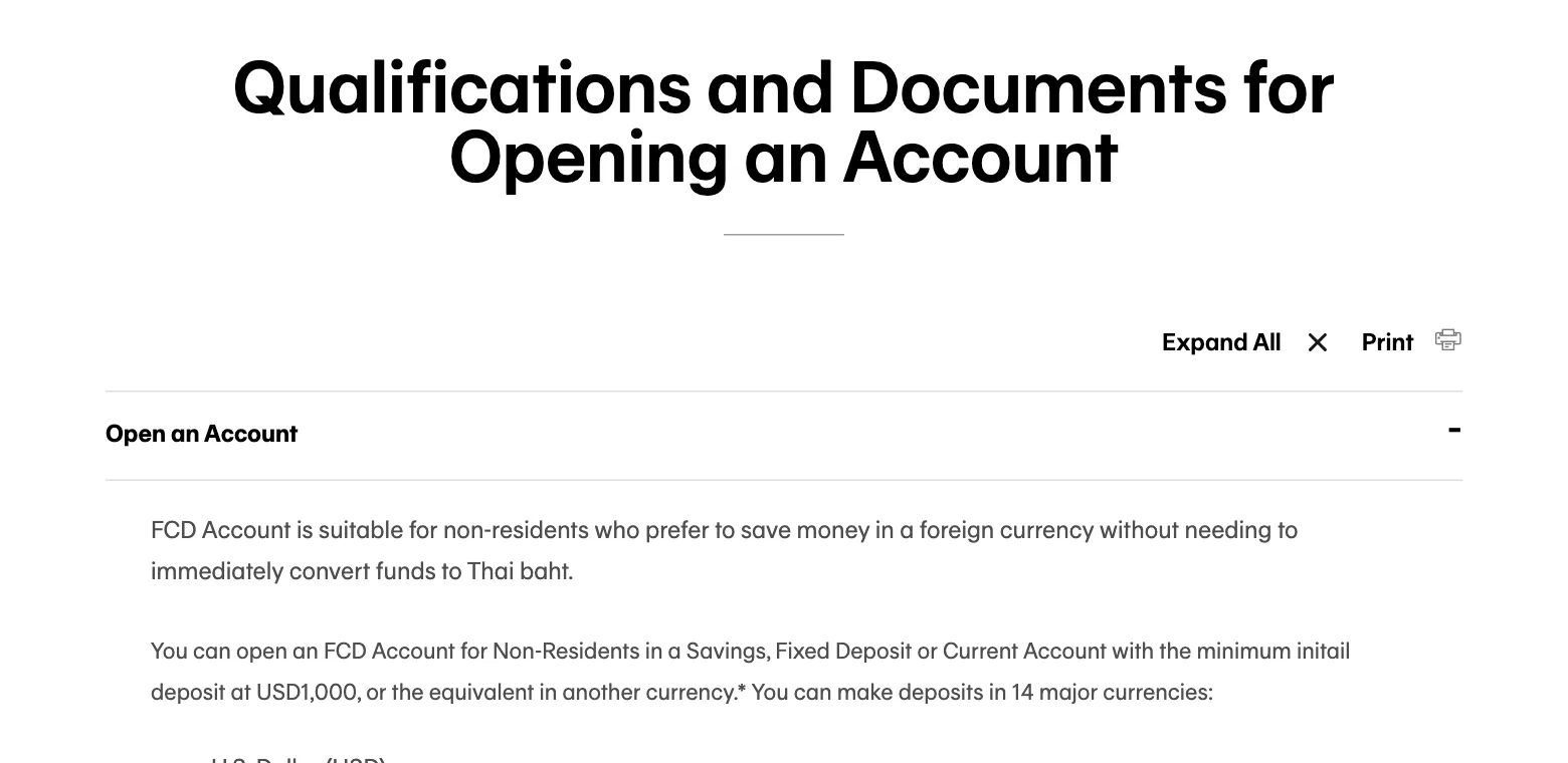 Bangkok Bank FCD account for non-residents page section on opening an account, with the opening deposit and the currencies.