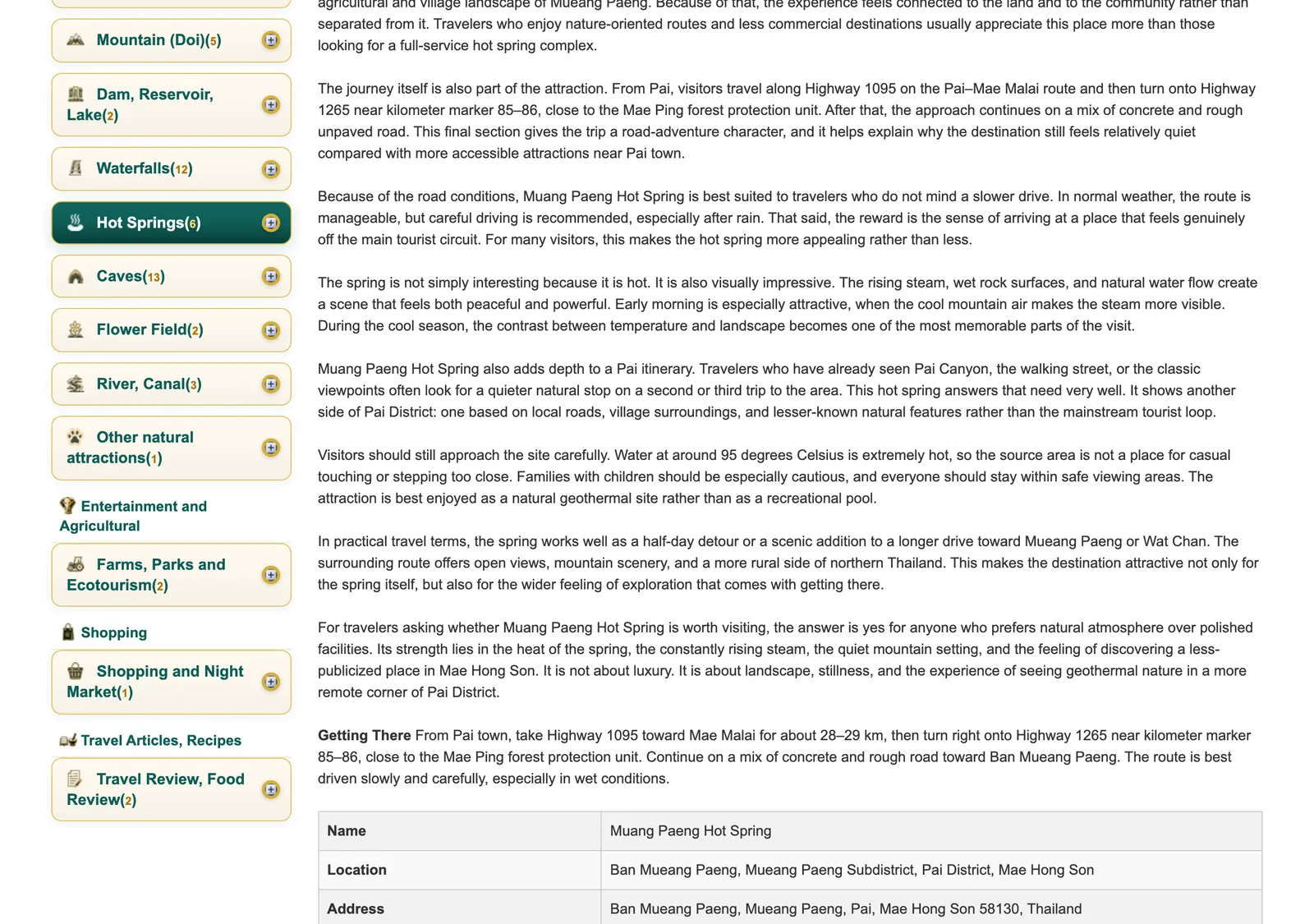 Guide-site page for a remote hot spring near Pai, with the route paragraph and the start of an information table.