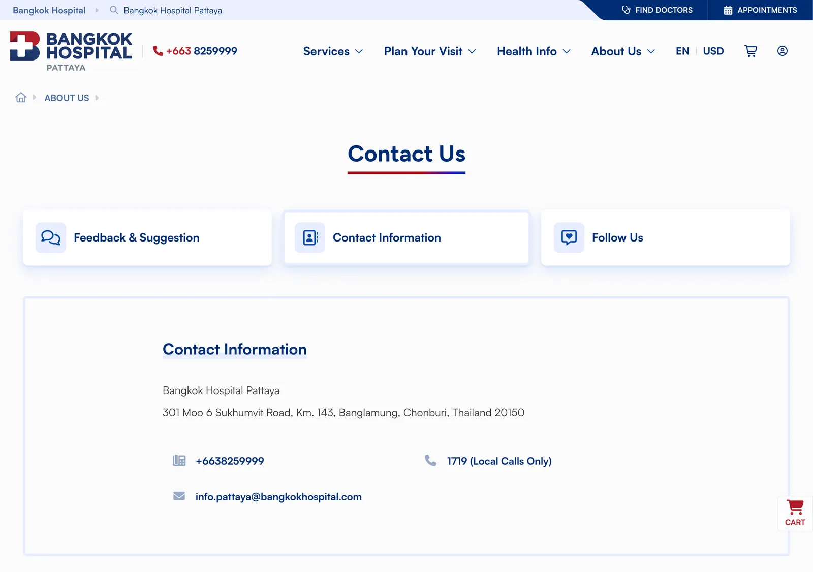 Bangkok Hospital Pattaya contact page with a contact information block showing an address, phone number and email.
