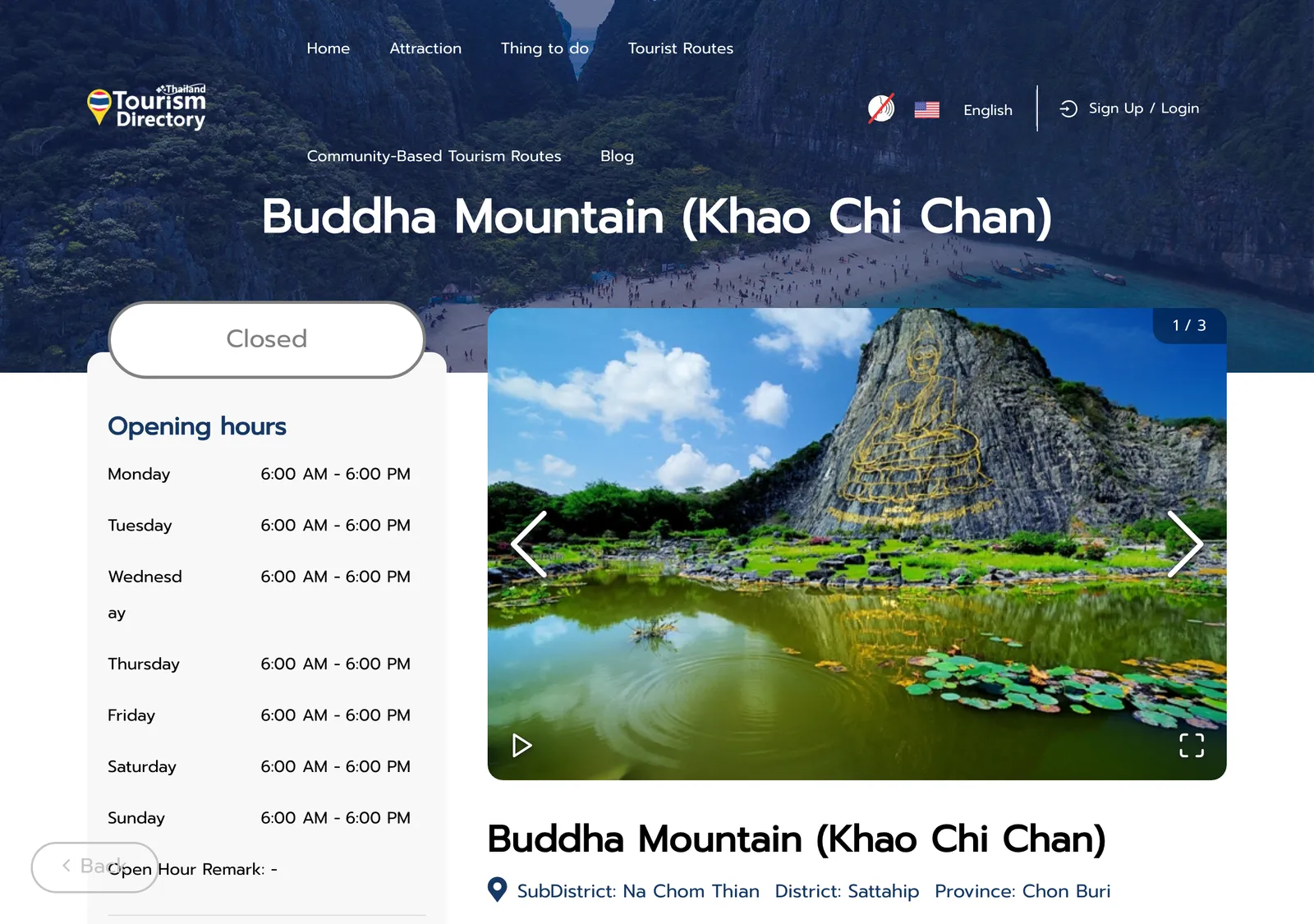 Ministry tourism directory page for Buddha Mountain with a photo of the carved cliff above a lake and a weekly opening hours panel.