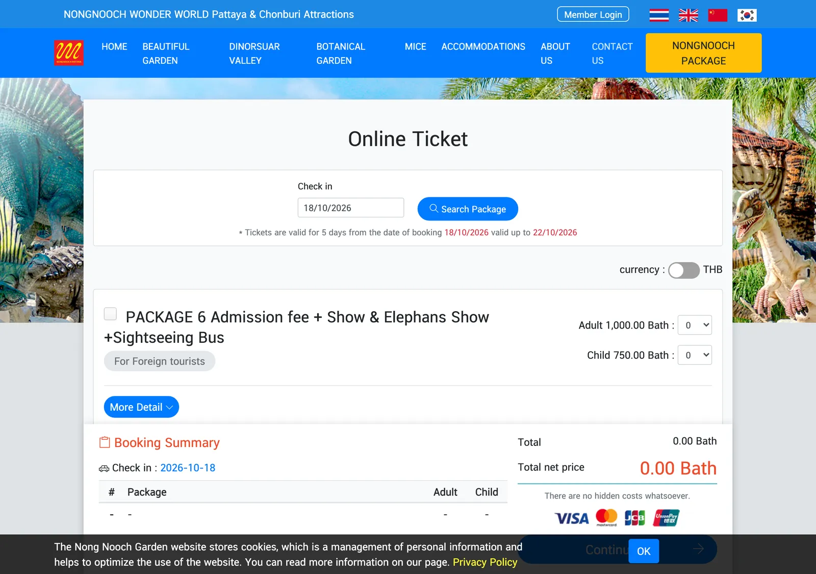 Nong Nooch garden online ticket page with a package row for foreign tourists, adult and child prices, and a booking summary.
