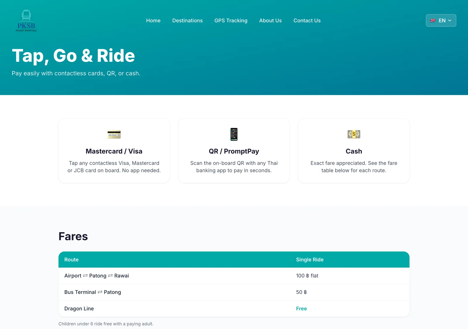 Smart Bus payment page with three payment cards for contactless card, QR and cash, and a fares table with three routes.