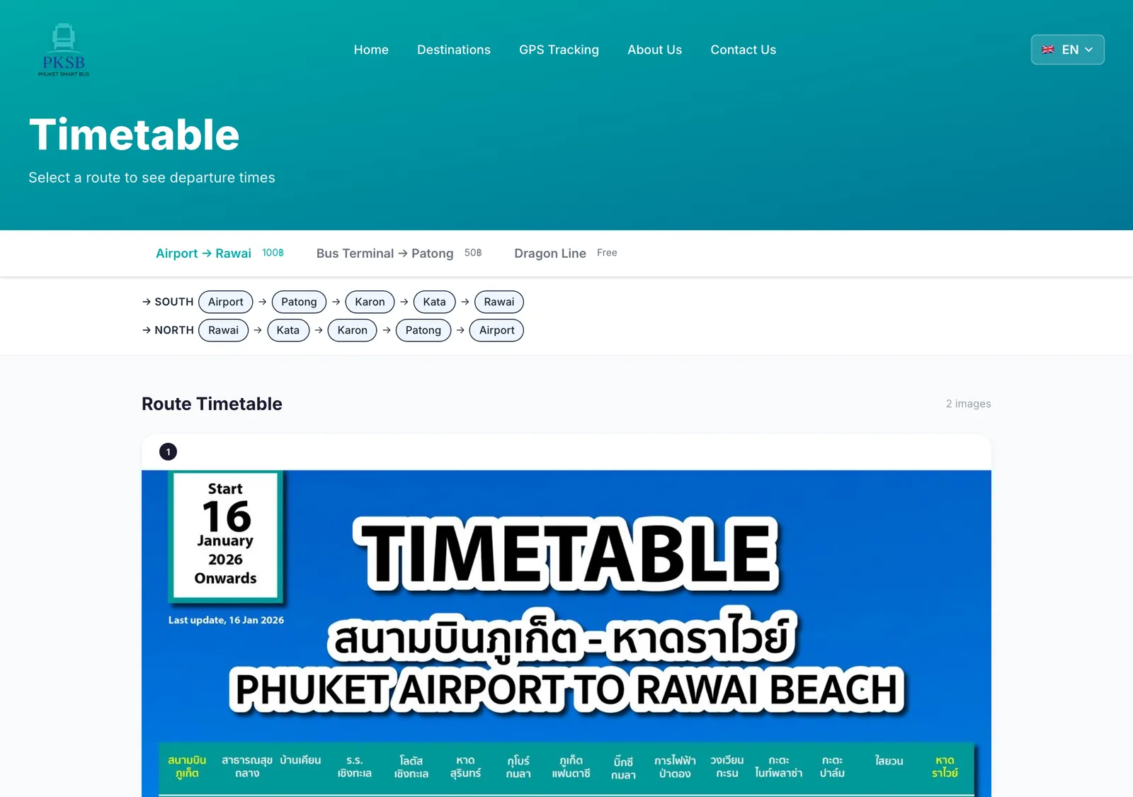 Smart Bus timetable page with a route selector, the stop strip for the airport line and a timetable poster for the airport to Rawai line.