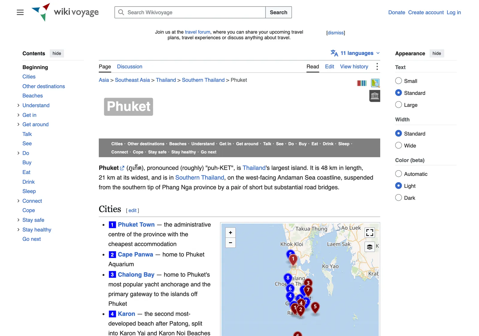 Travel wiki page for Phuket with a contents list, a short introduction and a map of the island with numbered pins.