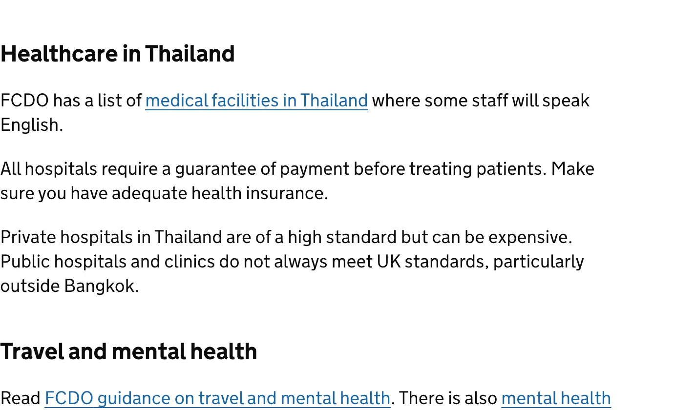 Section headed Healthcare in Thailand on the UK government travel advice page, with short paragraphs about medical facilities, hospital payment and private hospitals.
