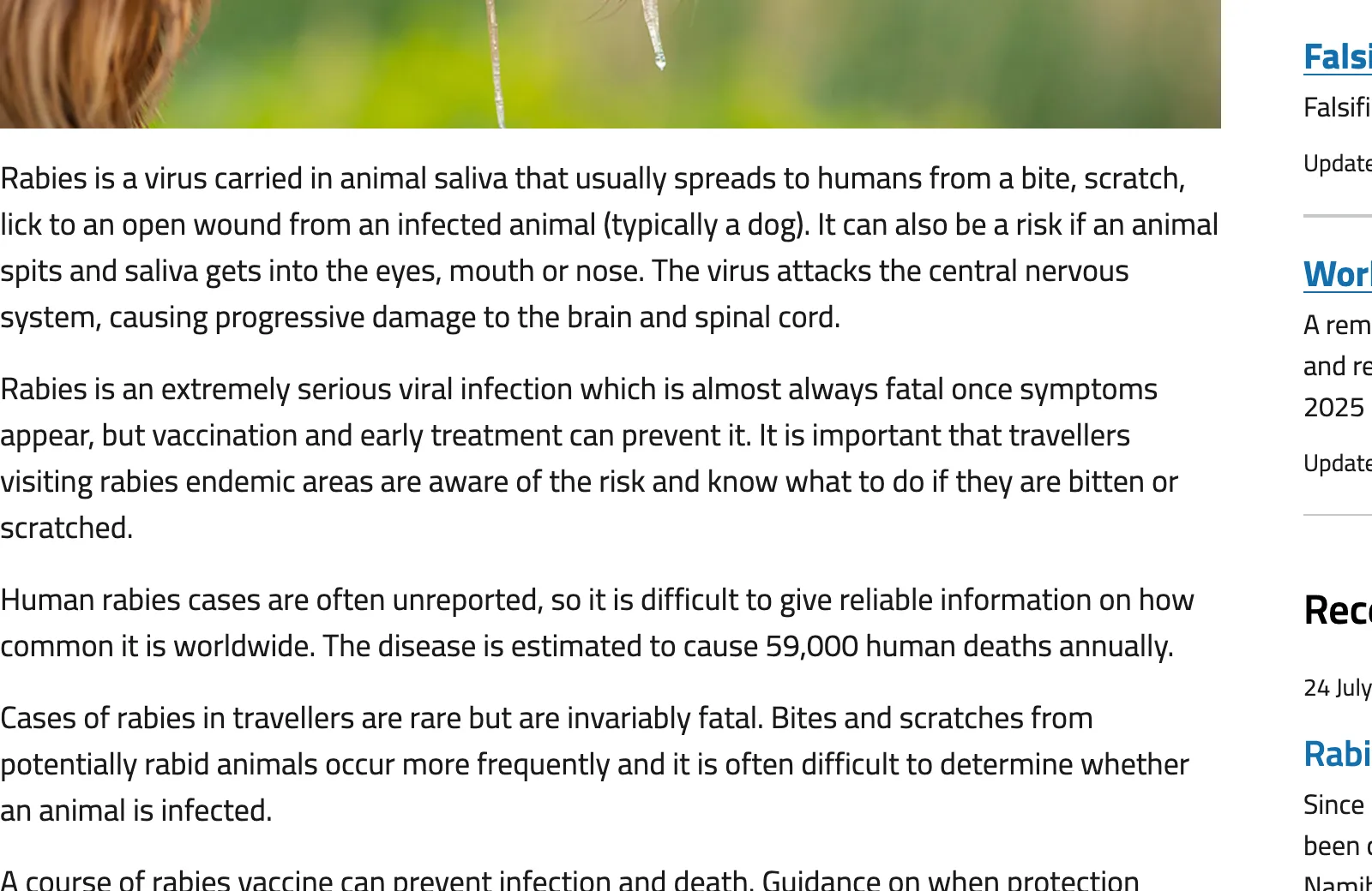 TravelHealthPro rabies page with paragraphs describing how rabies spreads from animal saliva and why prompt treatment matters.