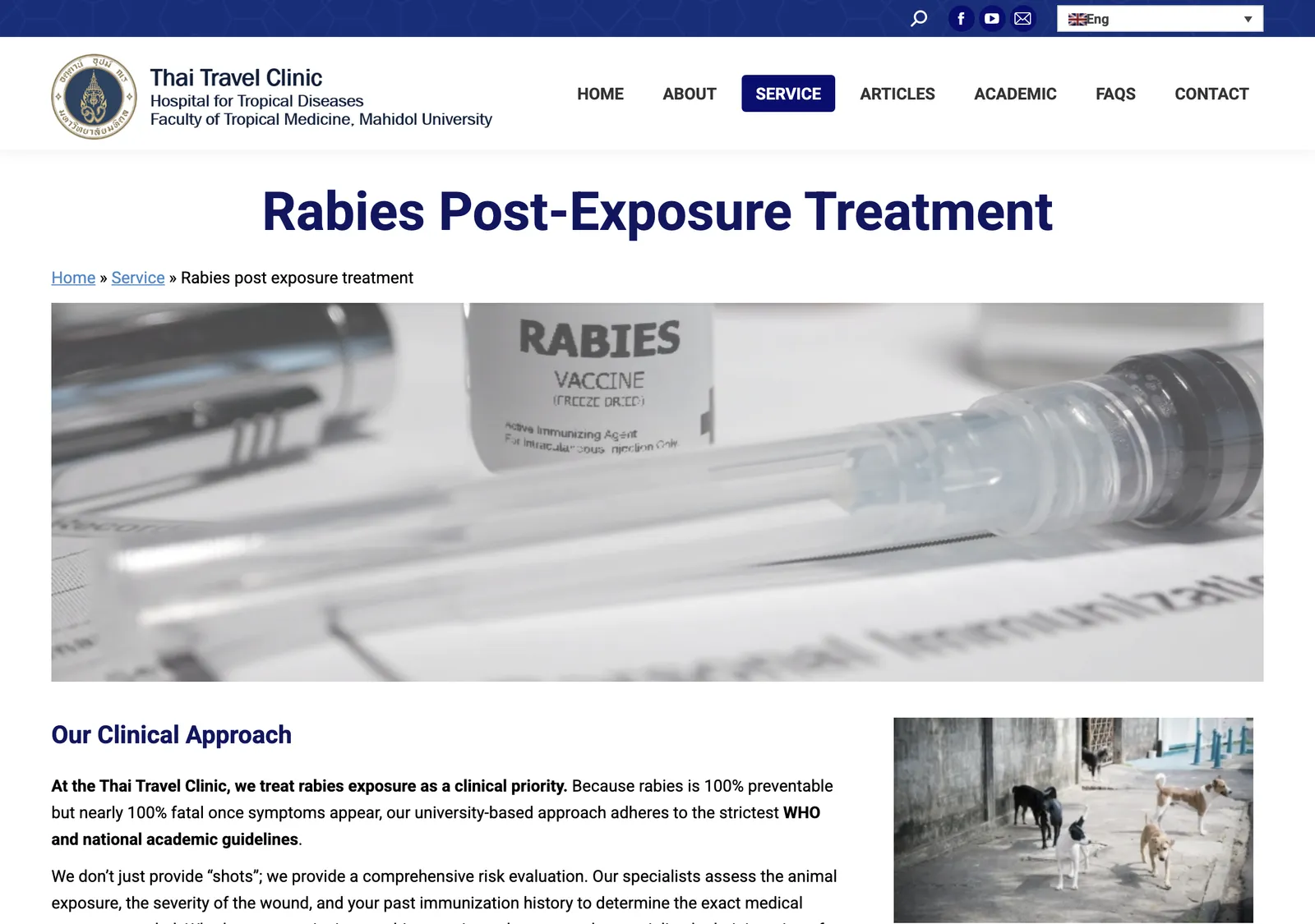 Thai Travel Clinic page titled Rabies Post-Exposure Treatment, with a header image of a rabies vaccine vial and syringe and a text section on the clinical approach.