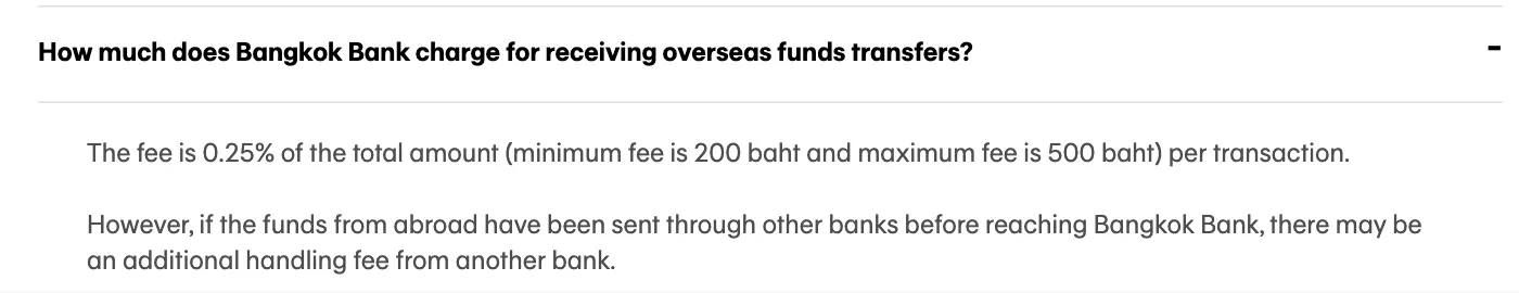 Bangkok Bank FAQ answer opened on the charge for receiving overseas funds, with a note on handling fees from other banks.