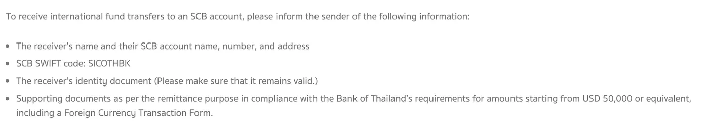 SCB inward remittance page listing what to tell the sender, with a line on supporting documents and a foreign currency transaction form.