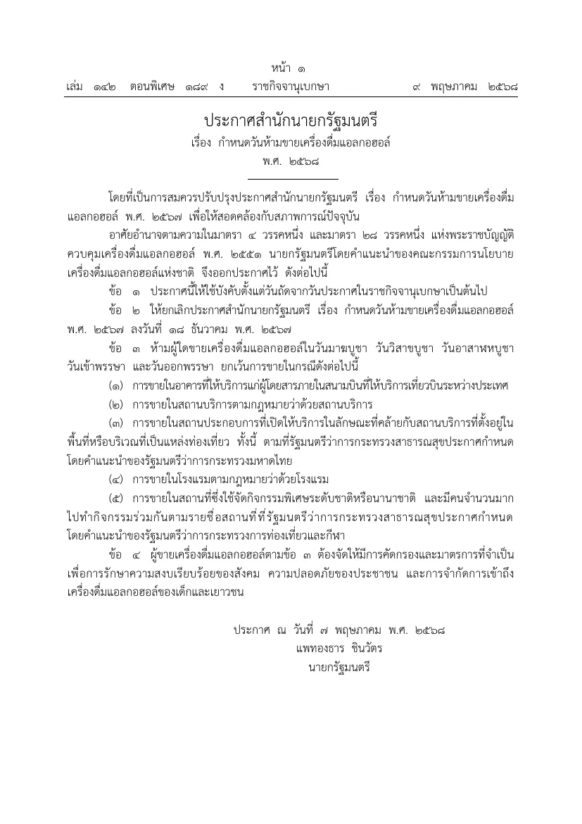 Royal Gazette page in Thai with the clause naming the five Buddhist days on which alcohol sales are banned.