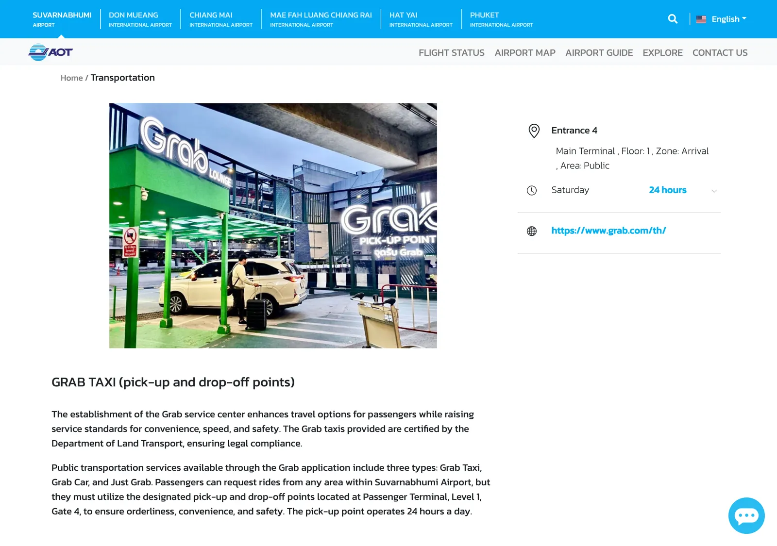 Airports of Thailand Grab page with a photo of the green Grab service counter and the pick-up text below it
