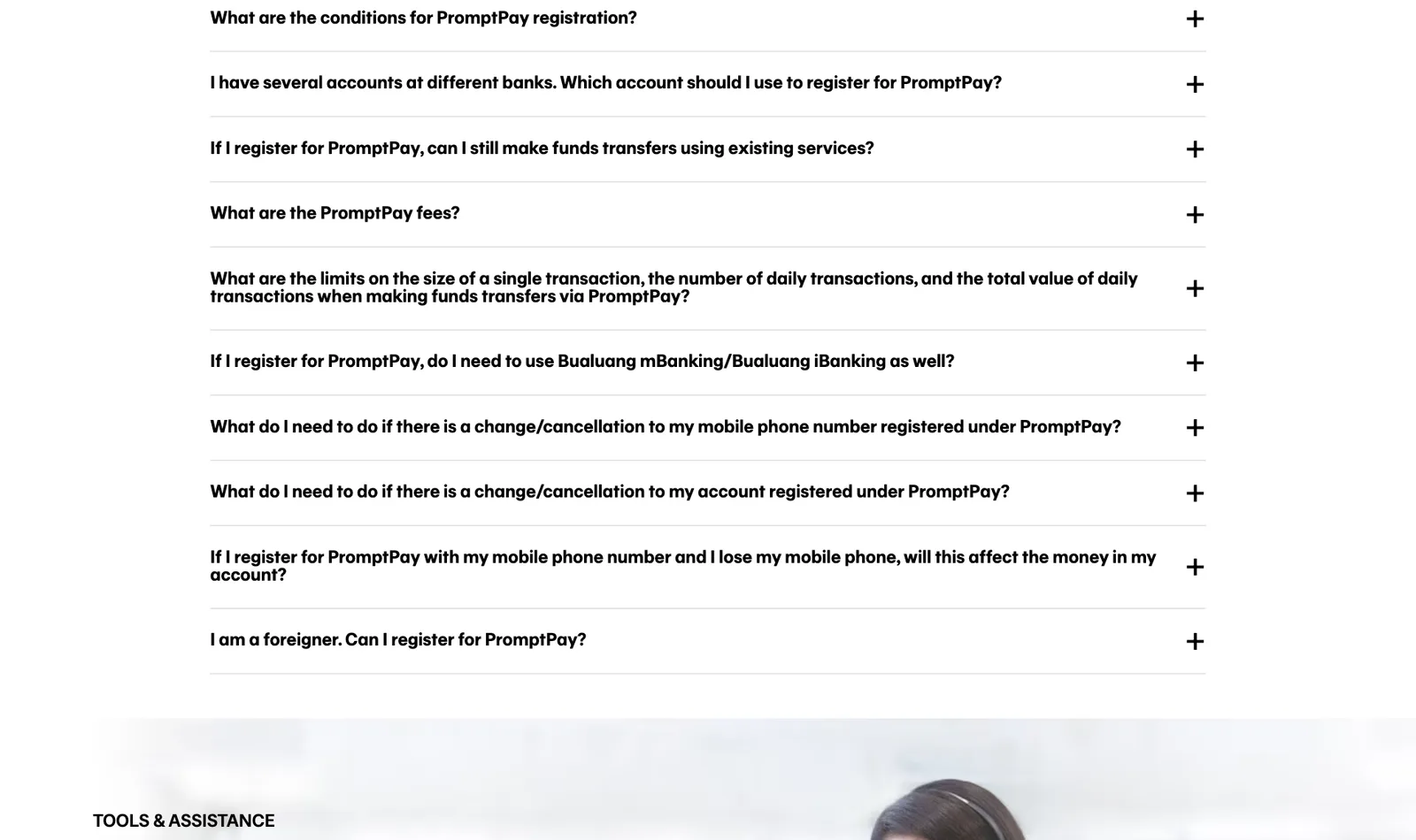 Bangkok Bank PromptPay FAQ list including the question on foreigners registering