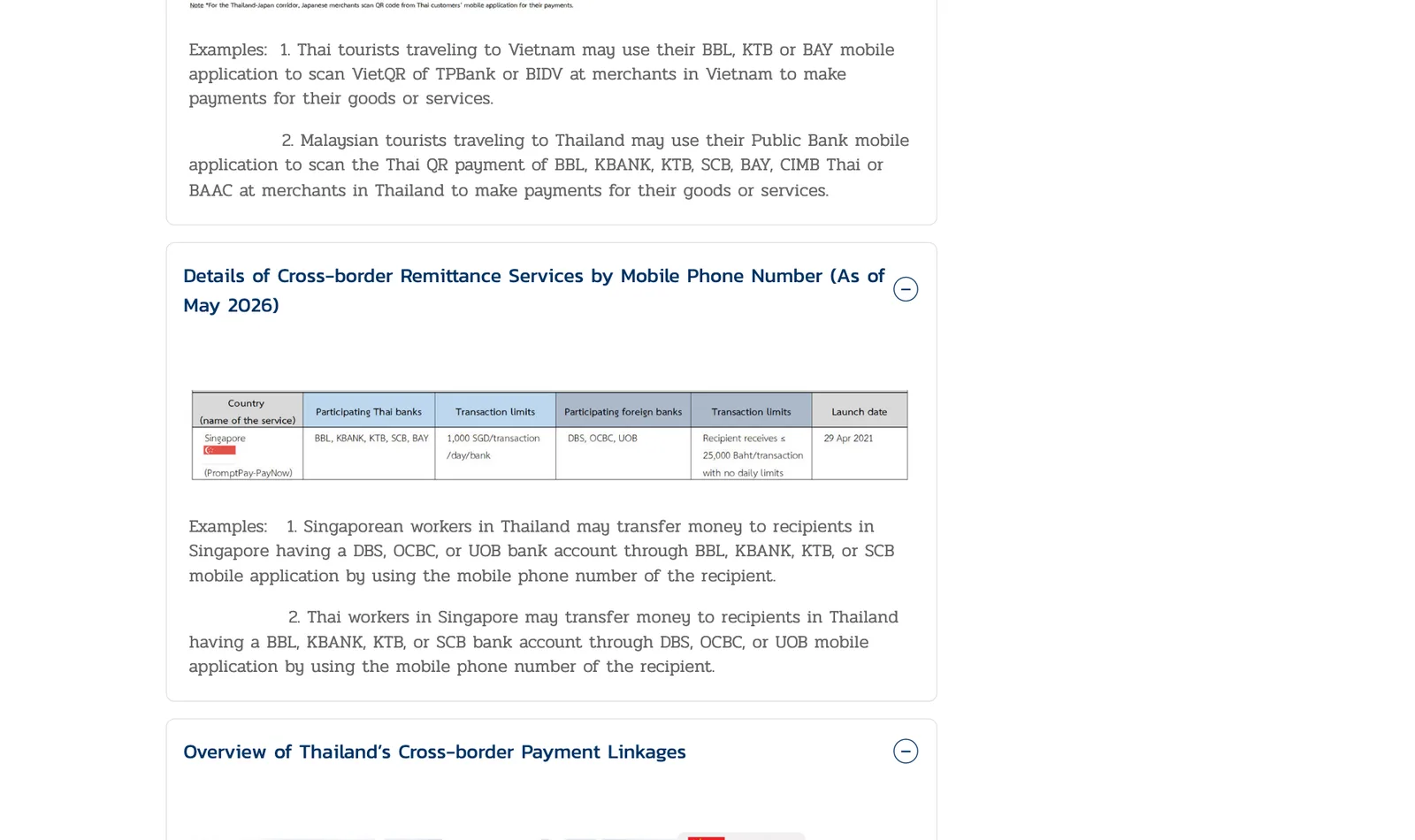 Bank of Thailand cross-border payment page with example text for QR payments and remittance