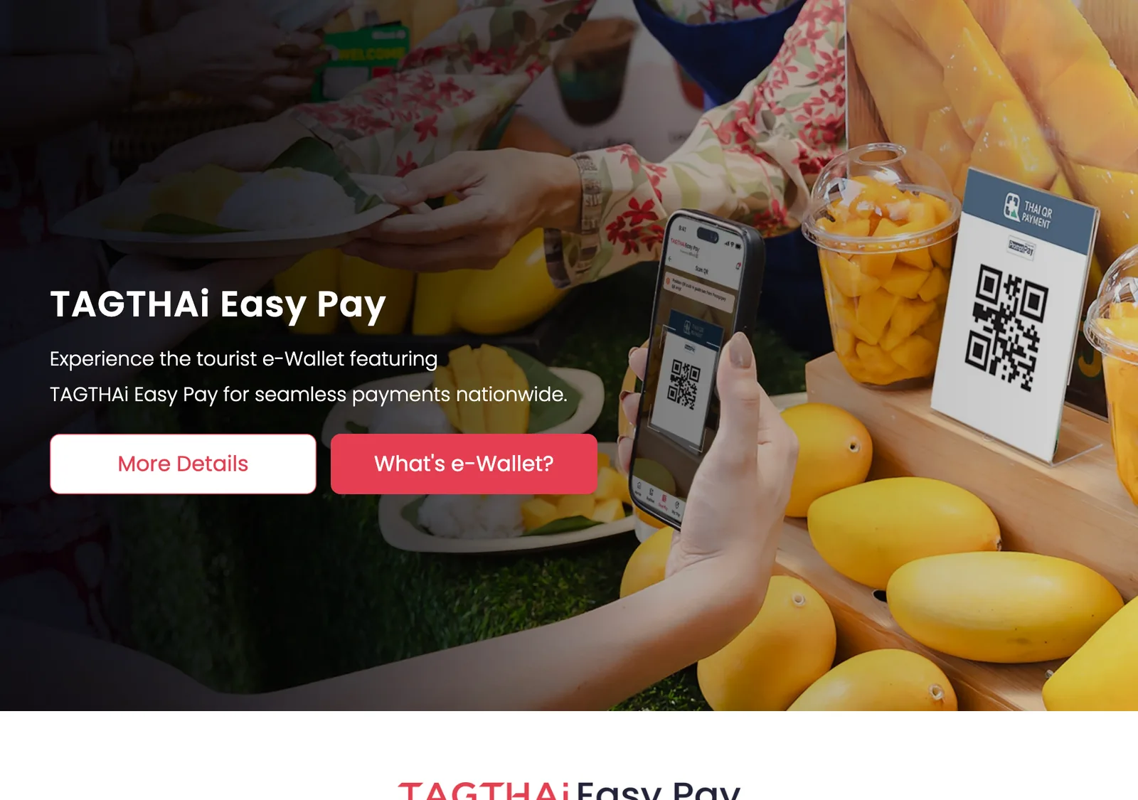 TAGTHAi Easy Pay page header showing a tourist e-wallet and a QR code stand