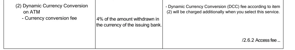 Close-up of the Krung Thai table rows for the access fee and the currency conversion fee, with remarks on the right.