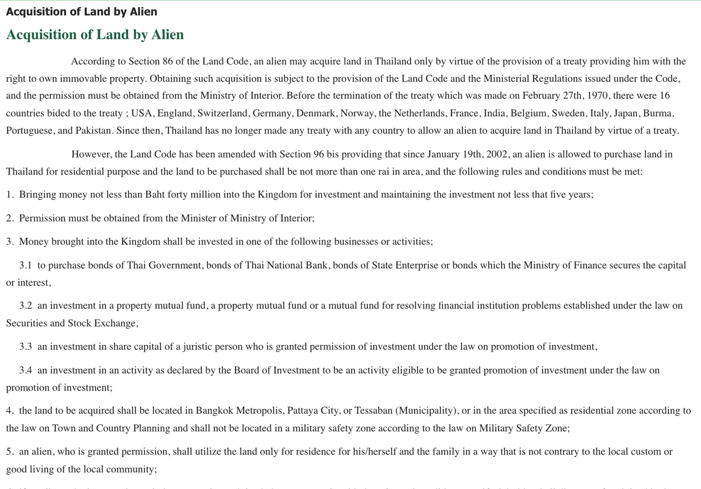 Department of Lands English page on acquisition of land by an alien, with the treaty rule, the residential land route and its numbered conditions.