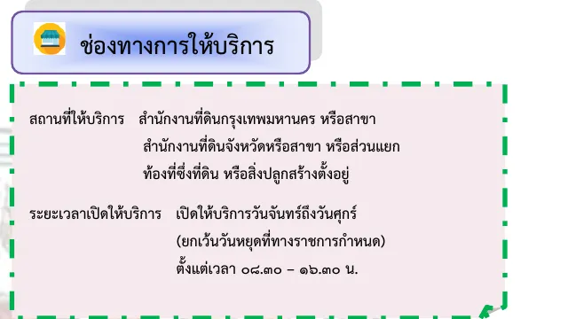 Thai-language Department of Lands manual box on service channels with the place of service and the opening days and hours.