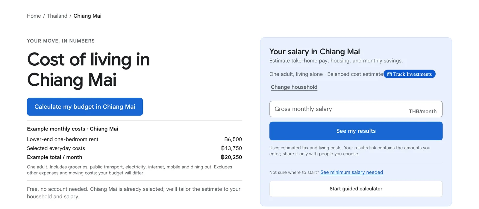 AffordWhere Chiang Mai example monthly costs block with lower-end one-bedroom rent, everyday costs and an example total