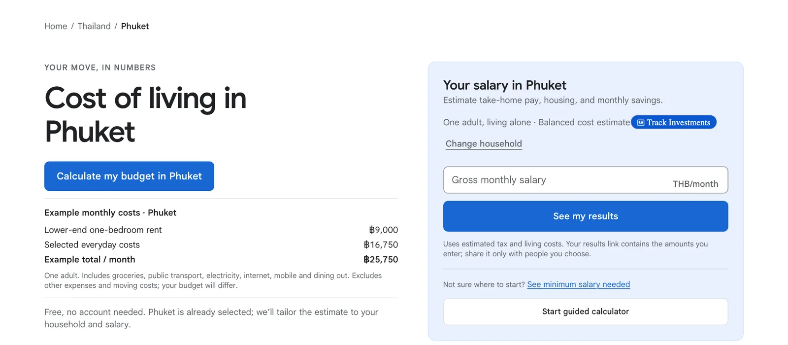 AffordWhere Phuket example monthly costs block with lower-end one-bedroom rent, everyday costs and an example total