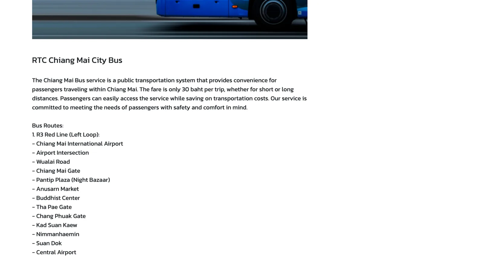 Airport page for the Chiang Mai city bus with fare text and route list
